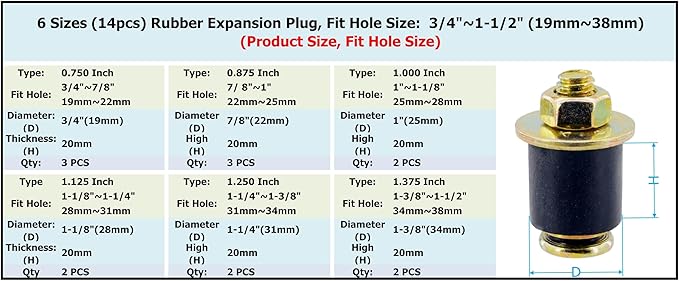 6 Sizes (14pcs) Neoprene Rubber Expansion Plug 3/4" 7/8" 1" 1-1/8" 1-1/4" 1-3/8", Automotive Rubber Freeze Frost Plug Fit Hole Size: 3/4"~1-1/2" (19mm~38mm)