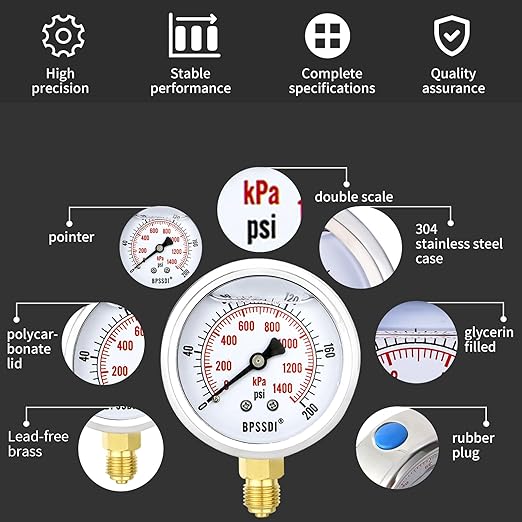 0-200 Psi Glycerin Liquid Filled Low Pressure Gauge, 2.5" Dial Size, 1/4" NPT Lower Mount, 304 Stainless Steel Case, for Water Pipe, HVAC, Water Oil Air Pressure Test