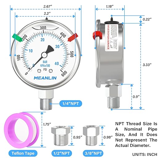 MEANLIN MEASURE 0~600Psi Stainless Steel Liquid Filled Pressure Gauge 2.5" FACE DIAL 1/4" NPT for WOG Water Oil Air Lower Mount with Stainless Steel Hex Bushing and Snaps