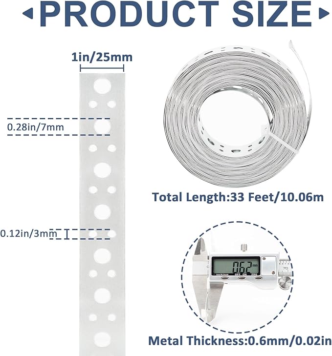 Galvanized Metal Pipe Strap 1-Inch x 33FT 0.6mm Thickness for Pipe Support Pipe Hanger Strap Metal Strapping with Holes