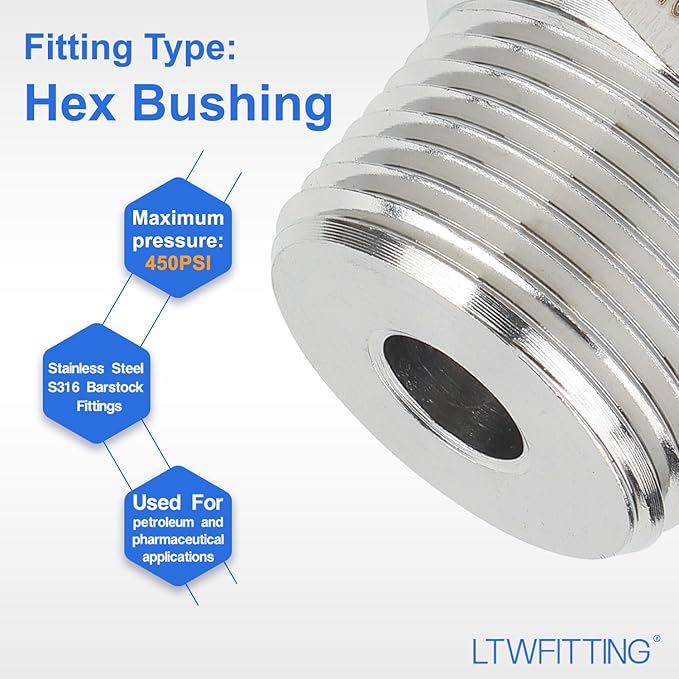 LTWFITTING Bar Production Stainless Steel 316 Pipe Hex Bushing Reducer Fittings 3/4" Male x 1/8" Female NPT Fuel Water Boat (Pack of 100)