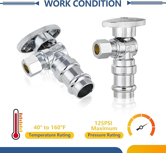 20-Pack GUOFIS Angle Stop Valve,1/2" Nominal Press Inlet x 3/8" OD Compression Outlet,1/4-Turn Shut-off Valve for Potable Water(Chrome Plated)(VALVE393-20Pack)