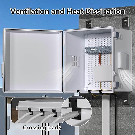 ABS Electrical Junction Box, Ventilated Design, Cable Grommets, IP65 Waterproof Enclosure, Indoor/Outdoor Use with Mounting Panel. (Grey Cover, 11.9"x11.9"x7")