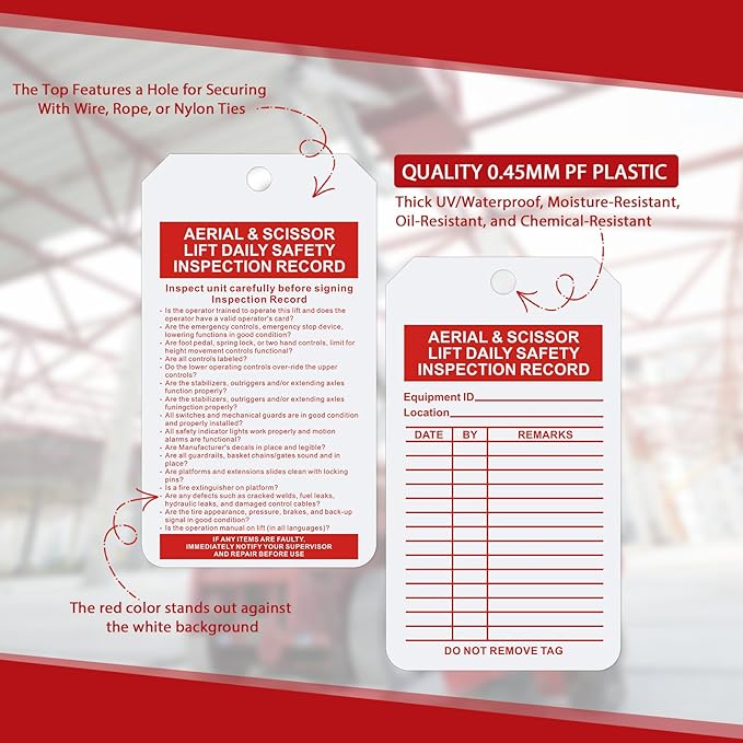 25 Pcs Safety Tags Status Alert Aerial & Scissor Lift Daily Inspection Record Double Sided Inspection Tag for Equipment Status