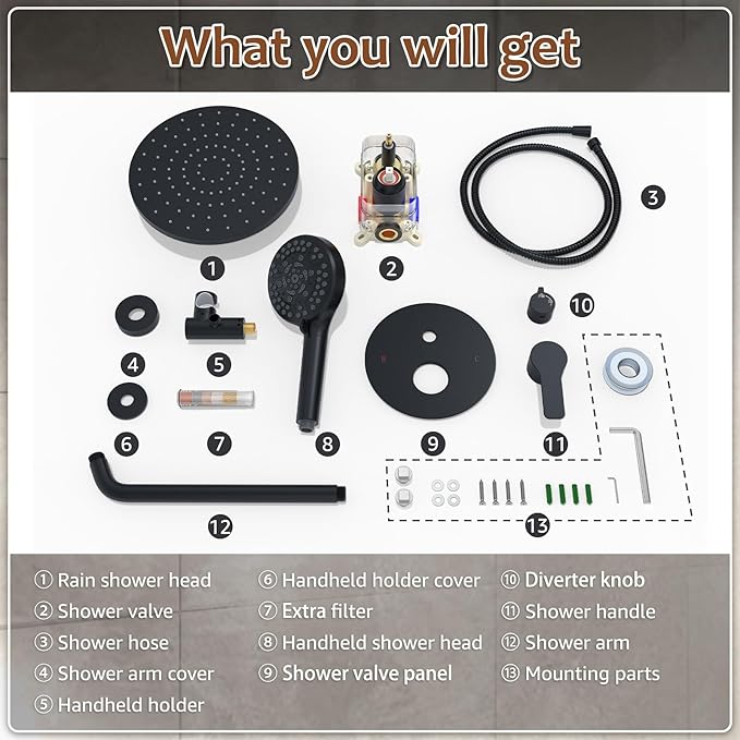 Iriber Mattle Black Round Rain Shower System Faucet Set，Filtered Shower Head with Handheld, Modern Bathroom 9 Spray Mode Showerhead with Filters,Shower Valve Trim Kit Contain Cartridge,10 Inch