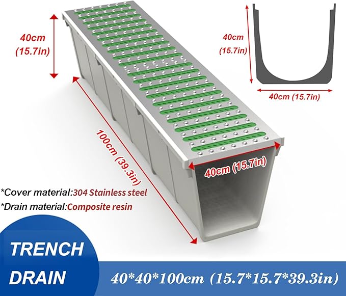 Under Deck Drainage System,Stainless Steel Trench Drain Kit,with Removable Grate Covers,for Yard Concrete Garden Driveway Garage