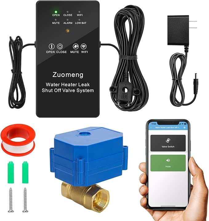 Smart Water Heater Remote Stop Valve with Leak Sensor, Automatic Shutoff, Water Leak Alert Push, 3/4"NPT 150PSI Brass Valve