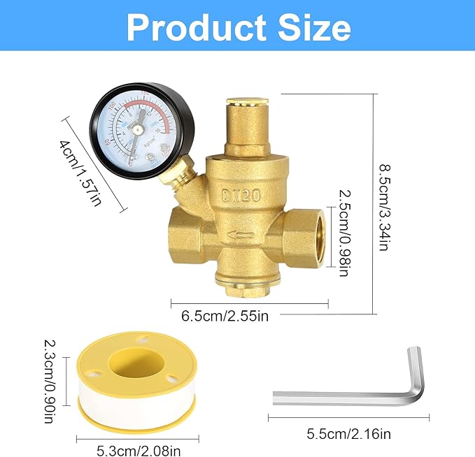 Water Pressure Regulator 3/4 inch with Gauge, Made of 100% High Hardness Brass, Adjustable Water Pressure Reducing Valve Water for Home DN20