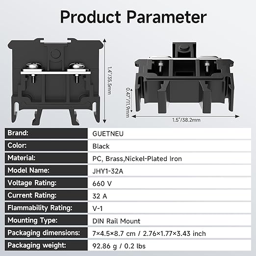 5Pcs JHY1 DIN Rail Terminal Blocks, 660V 32A, 6mm², Detachable & Assemblable Terminal Strip Blocks, 10Pcs 16-14 AWG Insulated Fork Spade Wire Connectors & 3.15 Inch DIN Rail Included