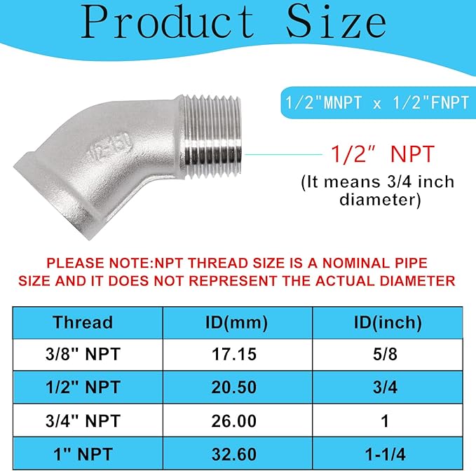 2PCS 304 Stainless Steel 45 Degree Elbow, 1/2" NPT Male Pipe to 1/2" NPT Female Coupler, Heavy Duty Forged Street Elbow Adapter Pipe Fittings, Class 150