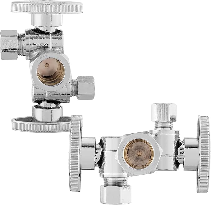 2-PCs HeSun Dual Shut Off Angle Valve, 1/2" Nominal (5/8"OD) x 3/8" OD x 1/4" OD Compression, 1/4-Turn Stop Valve with 2 Shut Offs, PEX Chrome Plated Brass(VALVE137-2)