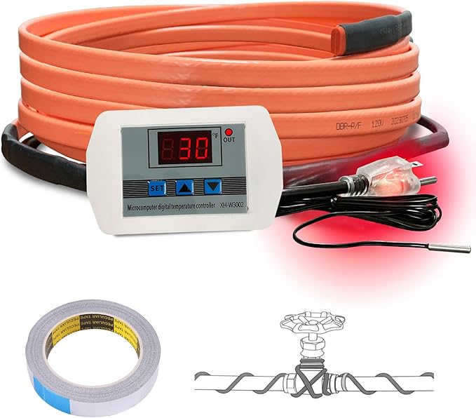 Cupohus Heat Tape for Water Pipes with Digital Display Thermostat 12FT, Freeze Protection Self-Regulating Heat Trace Cable for Metal, Plastic Home Pipes, Roof and RV, 110-120V