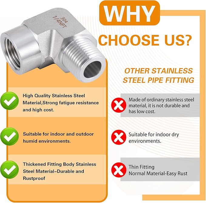 Stainless Steel Pipe Fitting 90 Degree Barstock Street Elbow 1/4" NPT Male x 1/4" NPT Female 2 Pack