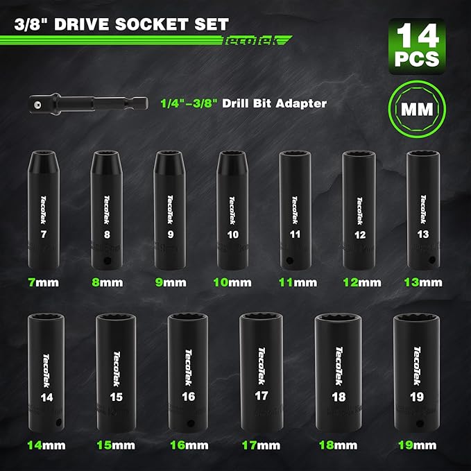 14 Pieces 3/8-Inch Drive Impact Socket Set, 12-Point, Metric, Deep, CR-V, 7mm to 19mm, Drill Socket Adapter 3/8"