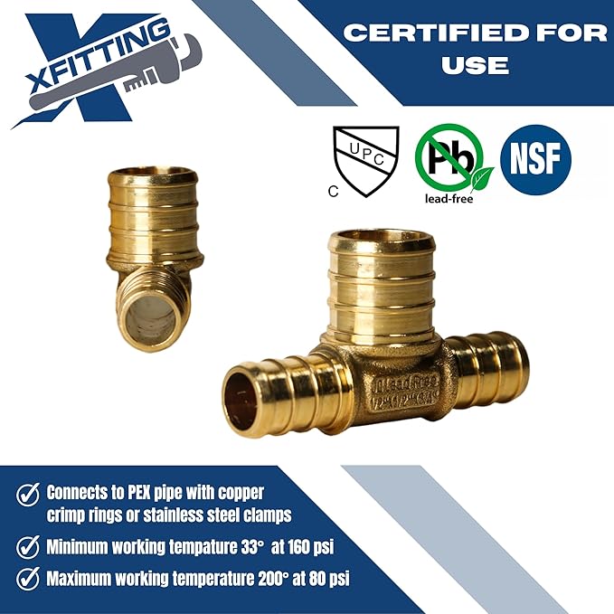 XFITTING 1/2 inch x 1/2 inch x 3/4 inch Pex Tee, Pex B Reducing Tee Crimp Version 25-1-2=100X, 100 Pieces