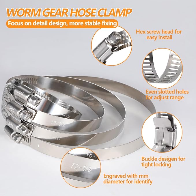12Pack 3 inch Hose Clamp, Adjustable 304 Stainless Steel Duct Clamps Hose Clamp from 2-4/5"-3-7/10"/72-95mm, Metal Worm Drive Gear Duct Clamp for Air Ducting, Dryer Vent Hose, Fuel Line, Plumbing