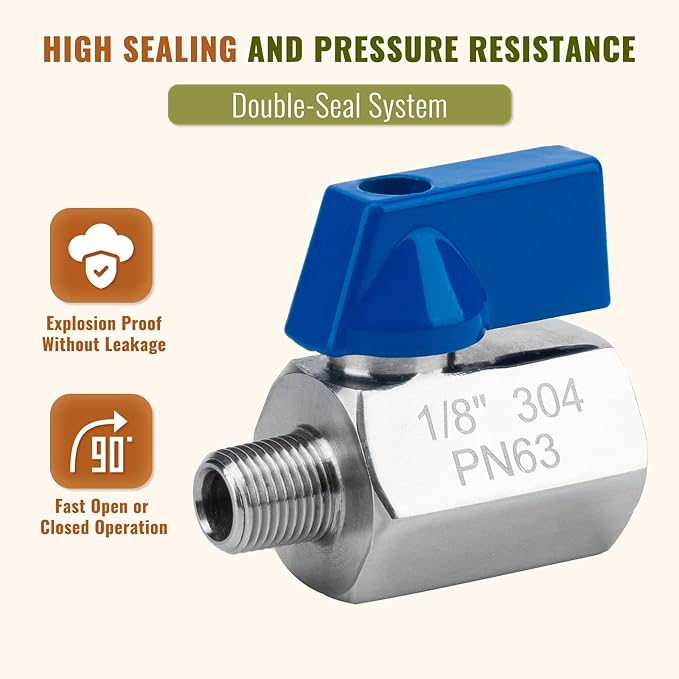 4Pack 1/8" Mini Ball Valve, 304 Stainless Steel Shut-Off Valve NPT Female x Male Thread Small Valves for Compact Space (4, 1/8 Inch)