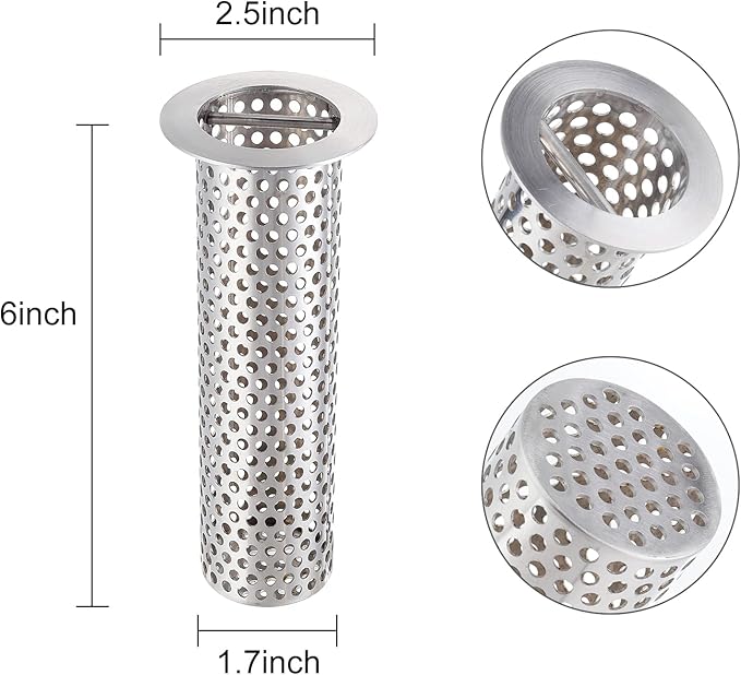 Commercial Floor Drain Strainer, 2 1/2" Lip Diameter x 6" Tall Perforated Cylindrical Mesh 316 Stainless Steel Drain Strainer with Carry Handle for Restaurant/Factory/Kitchen/Laboratory