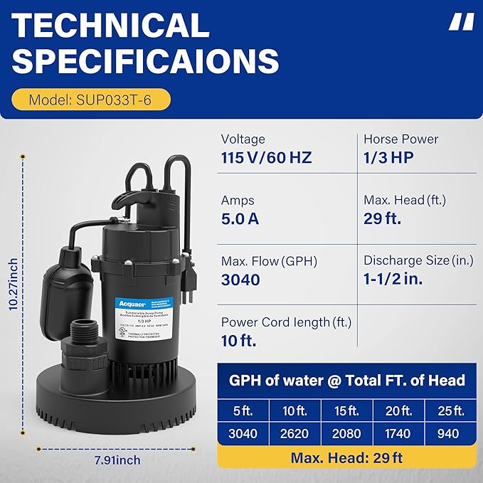 Acquaer 1/3 HP Sump Pump, 3040 GPH Submersible Clean/Dirty Water Pump with Automatic Float Switch and 10ft Power Cord Sub Pump for Basement, Pool, Pond, Drain, Flooded Cellar, Aquarium and Irrigation