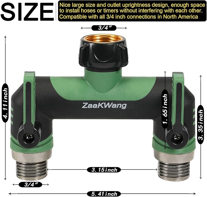 Full Flow Heavy Duty Two - Way Hose Splitter, Rugged Garden Faucet Adapter, Spout Diverter T - Way Adapter with Extended Handle, 3/4” GHT Thread, Green