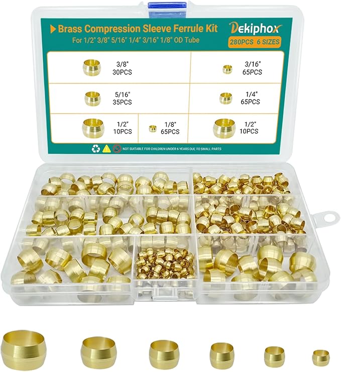 280PCS Brass Compression Sleeves Ferrules, 6 Sizes 1/2" 3/8" 5/16" 1/4" 3/16" 1/8" Tube OD Hose Compression Fitting Ferrule Kit for Air Water Fuel Oil and Inert Gases Line Repair