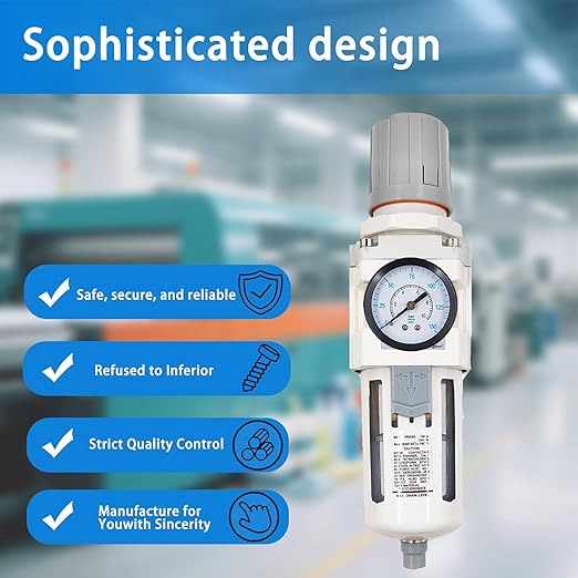 XingNEeng 3/8" NPT Compressed Air Filter Regulator Lubricator Combo, Water/Oil Trap Separator, Gauge(0-150 psi), Semi-Auto Drain, Poly Bowl, 5 Micron Brass Element, Bracket, for Pneumatic Systems