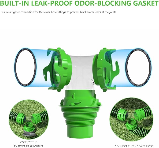 6-in-1 - RV Wye Sewer Hose Fitting and Built-in Gasket Odor - Allows for 2 Camper Sewer Hoses to Connect to the Same Dump Station (Wye -Elbow Adapter)