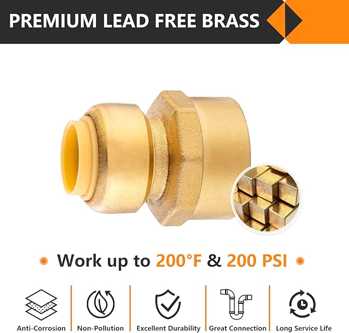 10-Pack HeSun Pushfit Female Adapter, 3/4" FNPT x 1/2" Push to Connect Plumbing Fittings with Disconnect Clip, Brass Push-fit Fittings for PEX, Copper, CPVC, PE-RT Pipes(PF038-10)