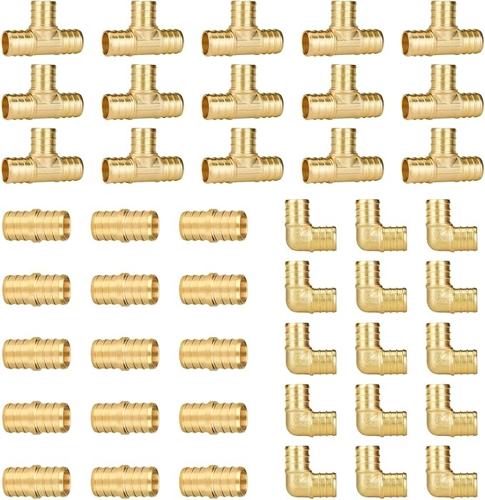 SUNGATOR 45-Pack 3/4 Inch PEX Fittings, 15 Each Elbow Tee Coupling, No Lead Brass Pex Fittings 3/4 Inch Assortment, UPC, NSF Certified