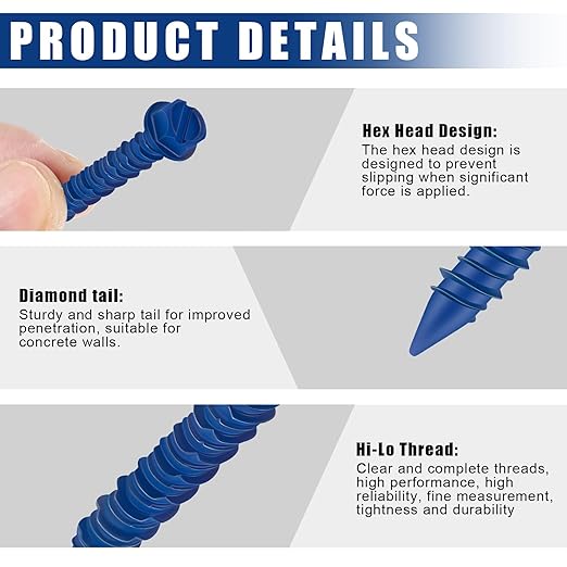 100 Qty 1/4" x 2-3/4" Hex Head Concrete Screws Anchor with Drill Bits Blue Slotted Hex Screws for Anchor Masonry, Block, Brick, Cement, Stucco, Diamond Point and Wood Fastening