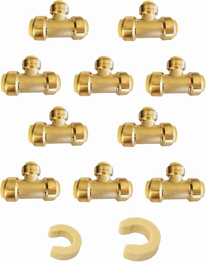(Pack of 10) EFIELD 3/4"x 3/4" x1/2" Tee Push-Fit Fitting to Connect Pex, Copper, CPVC With 2 Sizes Disconnect Clips,(PF127-10PCS)