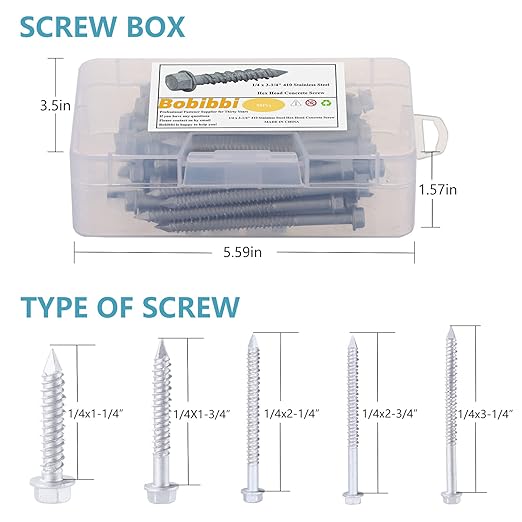 1/4 x 1-1/4" 410 Stainless Steel Hex Head Tapcon Concrete Screw Anchor, for Anchoring to Masonry, Block or Brick (50Pcs/Box)