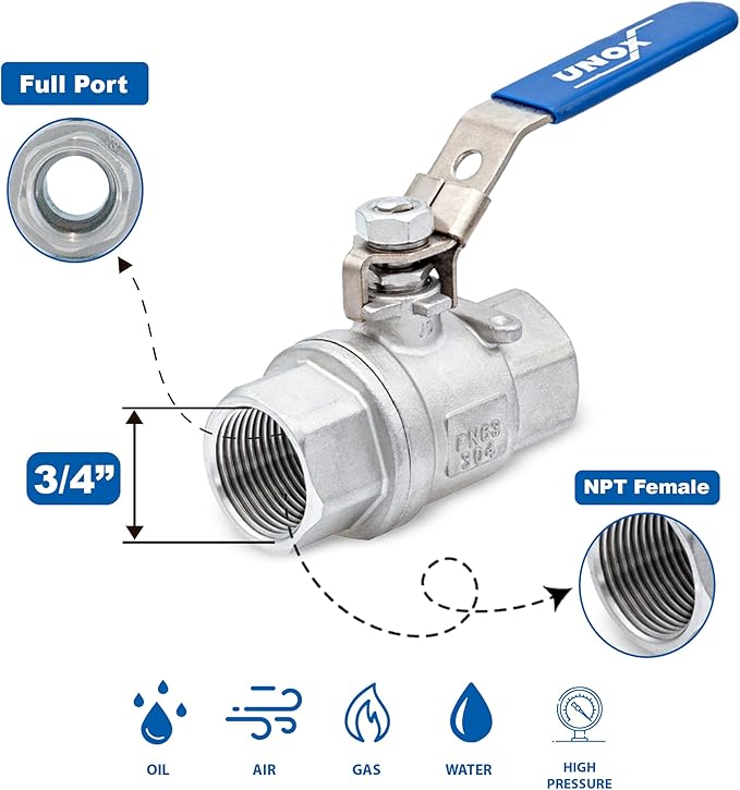 UNOX 3/4" NPT Full Port Ball Valve Two-Piece Body Design, Female Stainless Steel AISI304 Heavy Duty for Water Oil Gas Valve - 1000WOG Steam Ball Valve with Blue Locking Handles