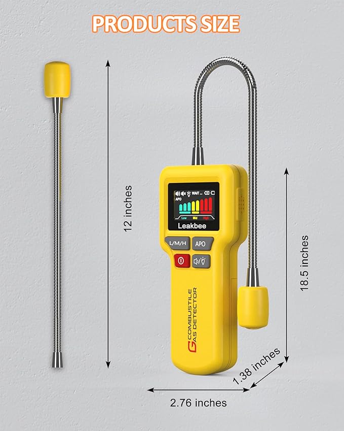 Y201-Pro Natural Gas Detector, Gas Leak Detector with 12-Inch Gooseneck, Locating The Source of Propane, Natural Gas, and Combustible Gas Leak for Home and RV (Battery x3 1.5V AA) - Yellow