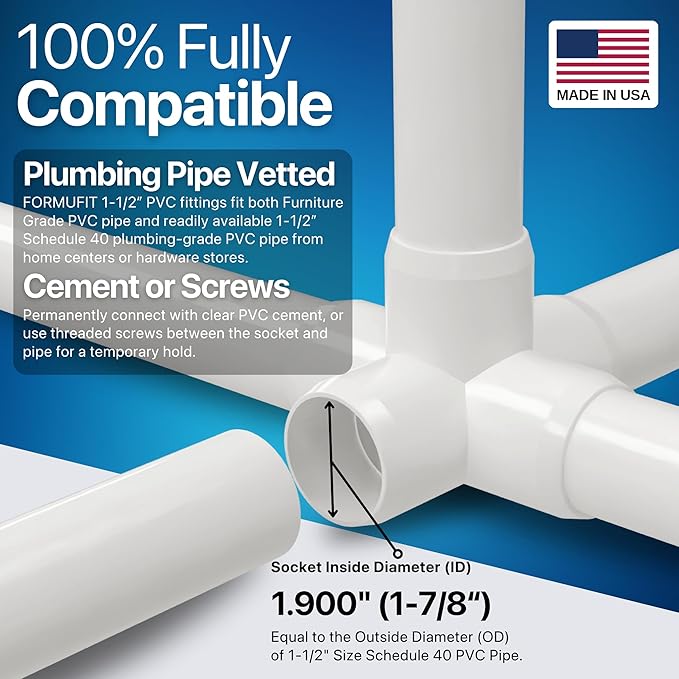 FORMUFIT 1-1/2" 5-Way PVC Cross Furniture Grade Fitting in White, 1.9" Actual ID, (Pack of 4), Made in USA, UV-Resistant, Impact-Proof, Add Internal Structure Support with PVC Pipe - F1125WC-WH-4