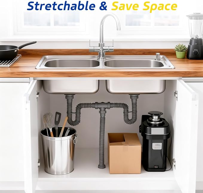 Sink Drain Pipe Kit - Expandable Flexible P-Trap for 1 1/2" or 1 1/4" Drains, Complete with Connectors and Adapter, Adjustable Installation, Ideal for Kitchen, Bathroom(Grey)