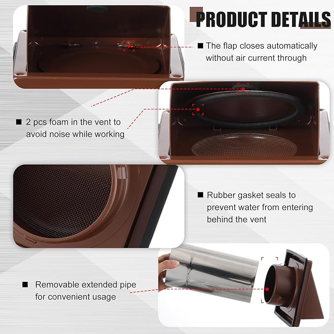 Gisafai 4" Dryer Vent Cover Outside with Stainless Steel Screen Wall Dryer Exhaust Cap and Removable Extended Pipe Vent Shroud Hood Cushioned Non Return Flap with Sealing Gasket Grille (Brown)