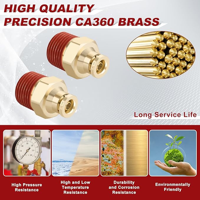 1/4" Quick Push to Connect Fittings Brass Union Straight Joint DOT Approved 1/4" Tube OD x 3/8" NPT Thread Air Line Adapter Air Suspension Kit for Truck Trailers and Air Brake System 10pcs