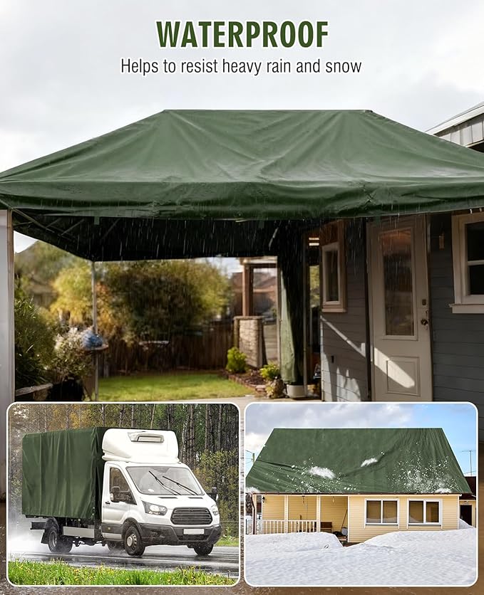 HIRALIY 20 Mil Heavy Duty Waterproof Tarp, 20x30ft Green Tarpaulin with Reinforced Webbing Loops, Multipurpose Oxford Fabric Tarp for Firewood, Roof, Camping, Pool