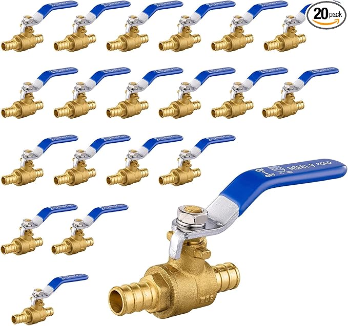 20 Pack Ball Valves, 1/2" Pex Crimp Shut Off Valve Blue, Brass Full Port Pex B Shut Off Ball Valve for Hot and Cold Water, NSF/ANSI 61 Certified