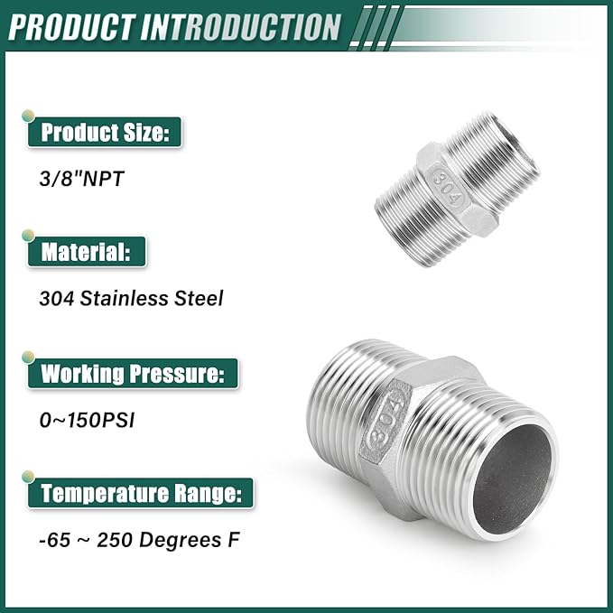 10PCS 304 Stainless Steel Hex Nipple, 3/8" Male NPT Straight Head Pipe Adapter Fittings, Equal Nipples Connectors for Oil, Water Line, Gas