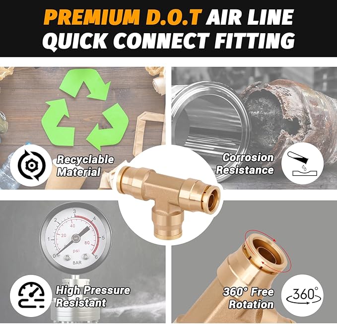 1/4" Tee Union Push to Connect Fittings， 4PCS DOT Approved Air Fittings Brass Air Brake Line Fittings，Quick Push in Union Fittings for Trucks Trailers Industrial Workshops