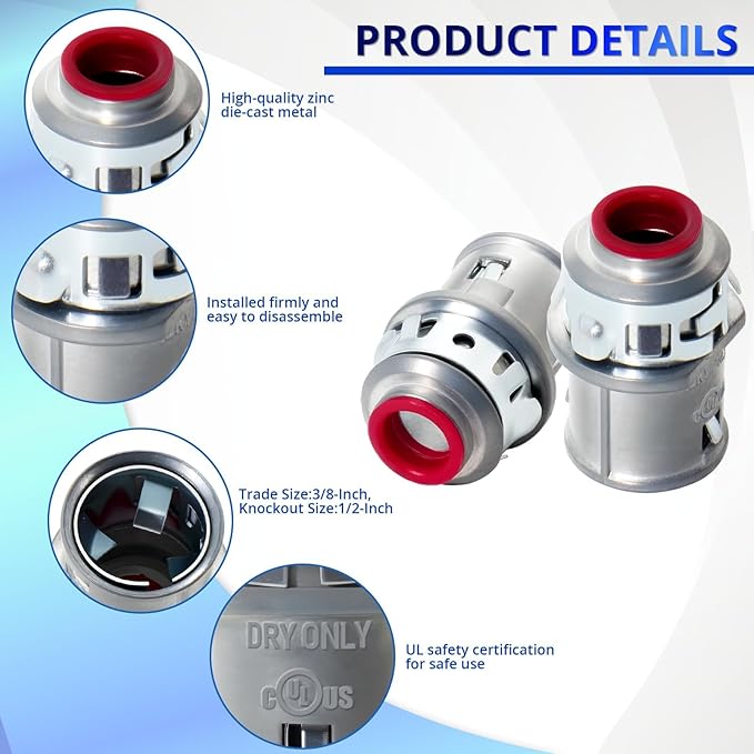 MAKERELE 3/8" Snap-In Metal-Clad Cable Connector, Zinc Electrical Conduit Fitting for Steel and Aluminum MC/AC Cable (5 pack)