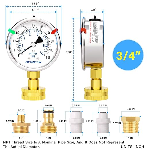 MEANLIN MEASURE 0~100Psi Stainless Steel Frame 3/4" Female Liquid Filled Pressure Gauge kit Plus 5 adapters, 2.5" FACE DIAL Multi-Purpose Pressure Gauge kit for Gardens, Water Pipes with 2PCS Snaps