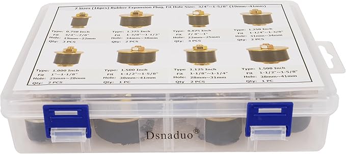 16pcs 7 Sizes Automotive Expandable Freeze Plugs Kit,Rubber Expansion Plug, Fit Hole Size:3/4" 7/8" 1" 1-1/8" 1-1/4" 1-3/8" 1-1/2" (19mm~41mm)