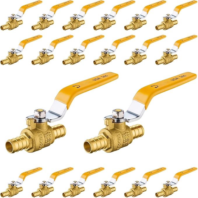20-Pack Foskan 3/4 Inch PEX Crimp Full Port Ball Valve with Yellow Handle, Brass Quarter Turn Shut-off Valve for PEX Tubing