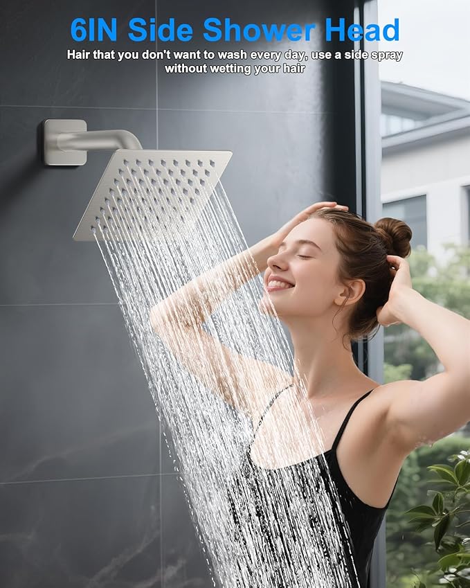 Shower System with Pressure Balance Valve, 12" Ceiling Mount Shower Faucet Set with 2 Rain Shower Head And Multi-function Handheld Head Push Button Diverter Pressure Balancing Valve Kit,Brushed Nickel