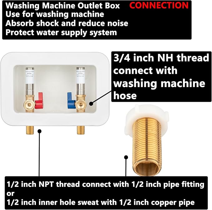 (1 Pack) Lidertik Washing Machine Outlet Box Sweat Thread with Hammer Arrestors and Center Drain, Inlet 1/2 inch Thread or Sweat x Outlet 3/4 inch Male Thread, Absorb Shock And Reduce Noise XYJH-611-L