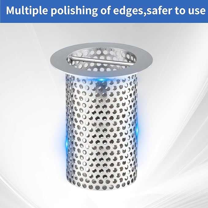 Commercial Floor Drain Strainer, 4 1/2" Lip Diameter x 6" Tall 316 Perforated Cylindrical Mesh Stainless Steel Drain Strainer with Carry Handle for Restaurant/Factory/Kitchen/Laboratory