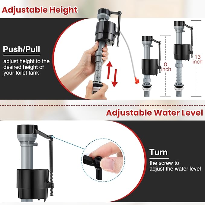 Saillong Universal Toilet Flusher Replacement Kit, Fill Valve, 2-Inch Flapper, Side Mount Handle Lever, Water-Saving, Adjustable Toilet Repair Kit Inside Tank, Easy to Install(1 Set,Black, Red)